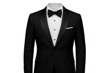 Black tuxedo jacket with bow tie on transparent background