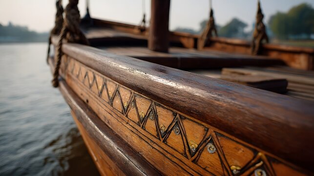 Close up of an ornate wooden boat hull with decorative carvings on calm water