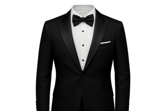 Black tuxedo jacket with bow tie on transparent background - Powered by Adobe