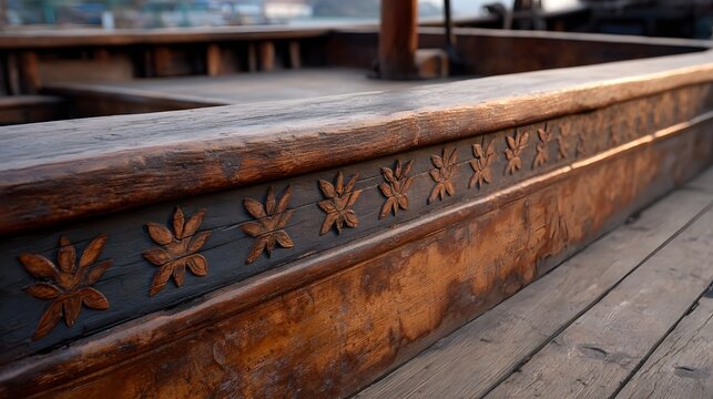 Close up view of an intricately carved wooden boat hull showcasing weathered texture and decorative patterns under natural light
