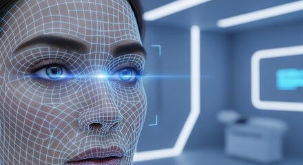 Futuristic facial recognition technology scanning a woman's face in a modern laboratory, highlighting AI and data security for cutting-edge innovation