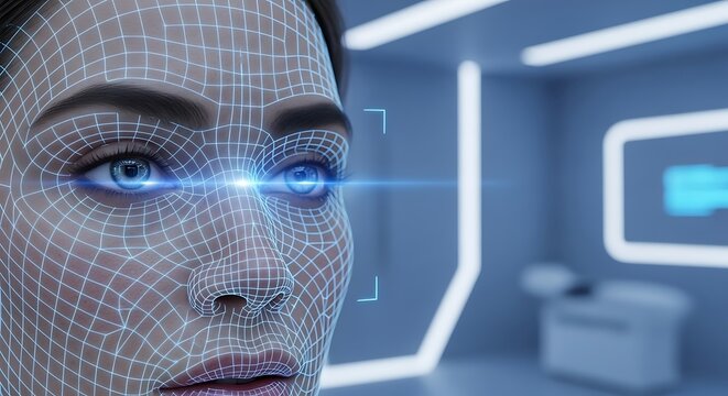 Futuristic facial recognition technology scanning a woman's face in a modern laboratory, highlighting AI and data security for cutting-edge innovation