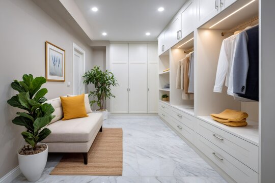 White walk-in closet interior with modern storage and seating