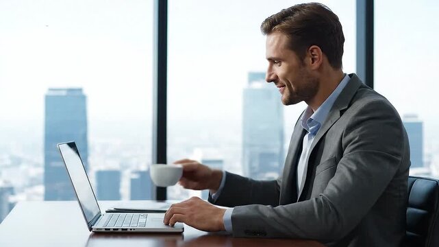 Man smiling, drinks coffee, types on laptop, cityscape background