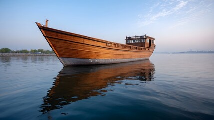 Fototapeta premium A traditional wooden cargo vessel floats serenely on calm waters at sunrise its reflection mirrored beneath a clear blue sky
