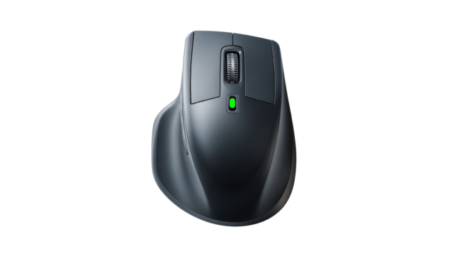 Vertical ergonomic mouse background, top view of health-conscious tech gear isolated on a Transparent background, PNG file.