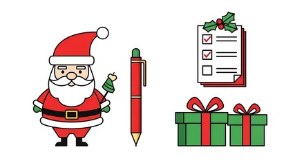 Christmas holiday icon set with cartoon Santa Claus, a pen, a naughty or nice list, and wrapped presents.