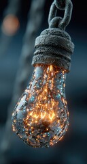 A weathered, cracked lightbulb, hanging from a thick chain, emits a warm, fractured glow of orange and blue sparks within its damaged glass casing, against a dark background