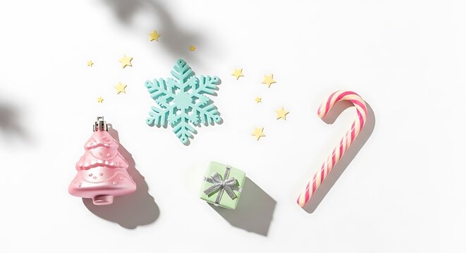 A festive flat lay arrangement of Christmas ornaments including a pink tree, a snowflake, a candy cane, and a gift box, scattered with small yellow stars on a white background.