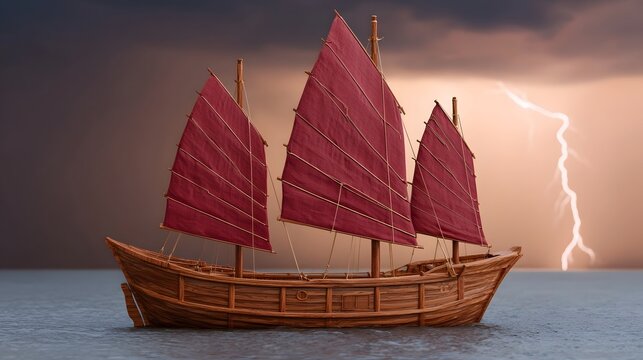 A wooden ship with red sails sails on the sea during a dramatic storm with lightning