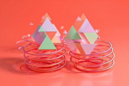 Pastel geometric shapes, seemingly made of triangles and cubes, rest atop vibrant red spiral springs against a coral background.