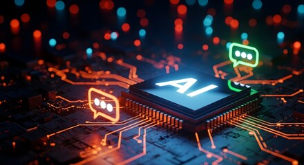 A glowing computer chip with the letters "AI" sits on a circuit board, surrounded by chat bubbles and colorful bokeh lights.