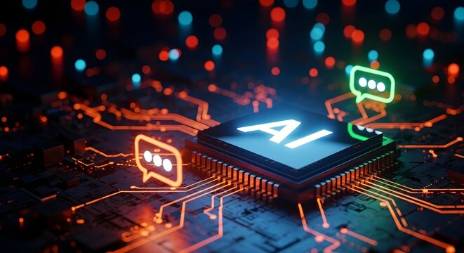 A glowing computer chip with the letters "AI" sits on a circuit board, surrounded by chat bubbles and colorful bokeh lights.