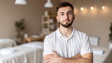 A skilled chiropractor stands with arms crossed in a calm and inviting clinic. Soft lighting enhances the soothing atmosphere, promoting relaxation for patients seeking healing and wellness