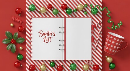 Festive Christmas flat lay with an open notebook for Santa's list, ornaments, and a mug on a red background.