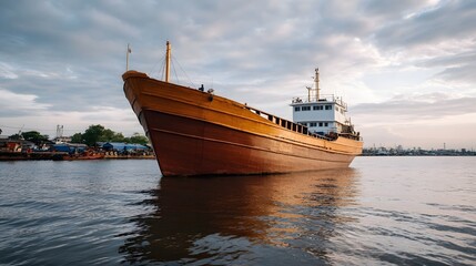 A large wooden cargo ship sails on calm water under a dramatic cloudy sky at dawn