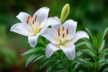 White lilies blooming in green botanical garden