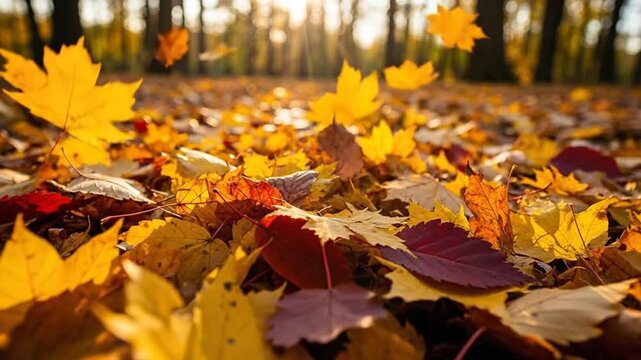 Golden Autumn Forest Floor Covered in Vibrant Falling Maple Leaves with Warm Sunlight Streaming Through Trees