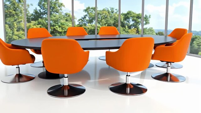 Modern Oval Conference Table With Orange Swivel Chairs In Bright Meeting Room With Large Windows Overlooking Lush Green