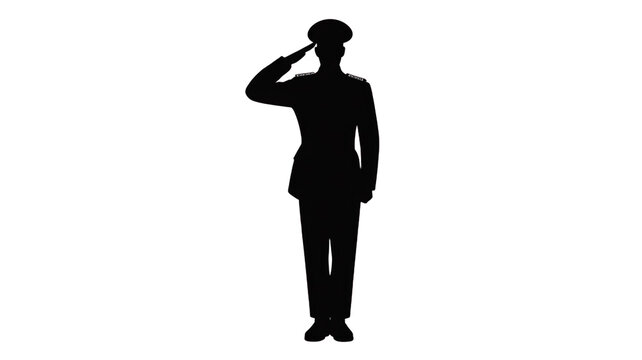 A high-quality black silhouette of a proud military officer standing at attention and saluting in front of a softly waving national flag backdrop. Isolated on a transparent background.