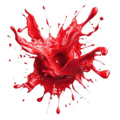 A vibrant red liquid explodes outwards, creating a dynamic, chaotic splash against a stark white background.  The central cavity suggests impact