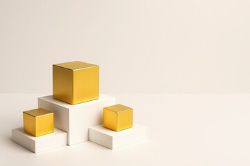 Fototapeta premium Three golden cubes placed on ascending white blocks - symbol of growth, structure, and balanced hierarchy