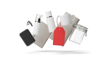 A floating collection of blank promotional merchandise including a mug, bottles, and tag for branding.