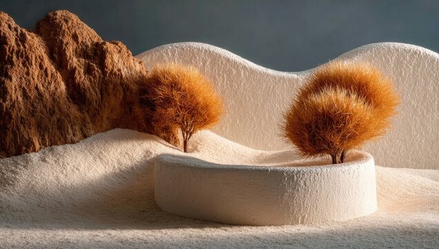 Miniature landscape featuring two small, fluffy, orange-brown trees nestled in a sculpted white sand dune before a backdrop of textured brown mountains.