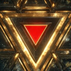 A vibrant red triangle nestled within a complex arrangement of dark, metallic, gold-accented triangular structures, creating a striking, geometric pattern with a worn, textured effect
