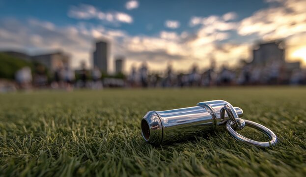 A close-up view of a shiny metal whistle lying on a grassy field with a cityscape and a dramatic sky in the background during sunset