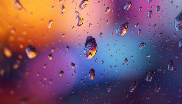 Raindrops cling to glass, distorting a vibrant, blurred backdrop of orange, purple, and blue hues.  The droplets vary in size and shape, reflecting the colorful lights