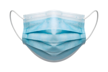 Blue disposable medical face mask isolated on transparent background