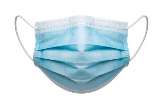 Blue disposable medical face mask isolated on transparent background