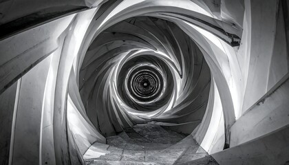 A spiraling perspective shot showcases a repetitive abstract pattern, creating a dizzying, tunnel-like vortex of monochromatic shapes and light