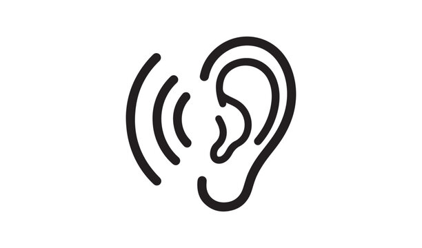 Simple line art icon of a human ear with sound waves
