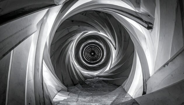 A spiraling perspective shot showcases a repetitive abstract pattern, creating a dizzying, tunnel-like vortex of monochromatic shapes and light