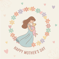Mother & Child Hug
Flat-vector illustration of a mother hugging her child surrounded by flowers and hearts, pastel color palette, minimal shapes, warm emotional scene, perfect for Mother’s Day cards.