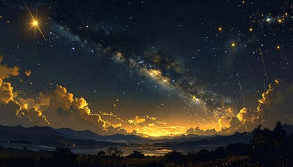 A stunning digital artwork depicts a celestial panorama with a vibrant Milky Way and illuminated clouds over a landscape