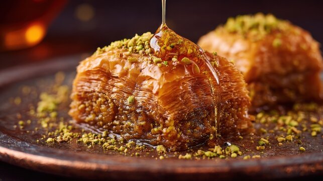 Close up of golden crispy baklava drizzled with honey and crushed pistachios, elegant dessert plate, warm tones and inviting texture