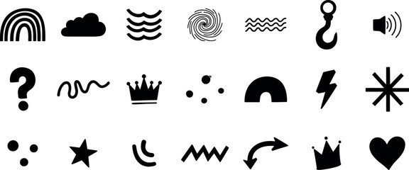 Collection of black hand drawn doodle icons and symbols, including a rainbow, cloud, waves, fingerprint, hook, sound icon, question mark, squiggle, crown, dots, arch, lightning bolt, asterisk, star