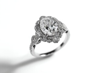 An oval-cut diamond engagement ring with a halo setting and intricate, swirling, marquise-cut diamond accents on a delicate, white metal band, cast in shadow against a bright white background