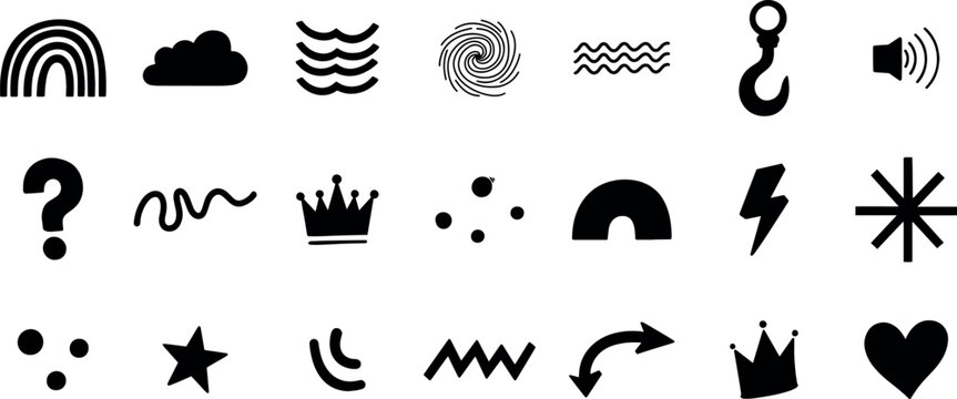 Collection of black hand drawn doodle icons and symbols, including a rainbow, cloud, waves, fingerprint, hook, sound icon, question mark, squiggle, crown, dots, arch, lightning bolt, asterisk, star