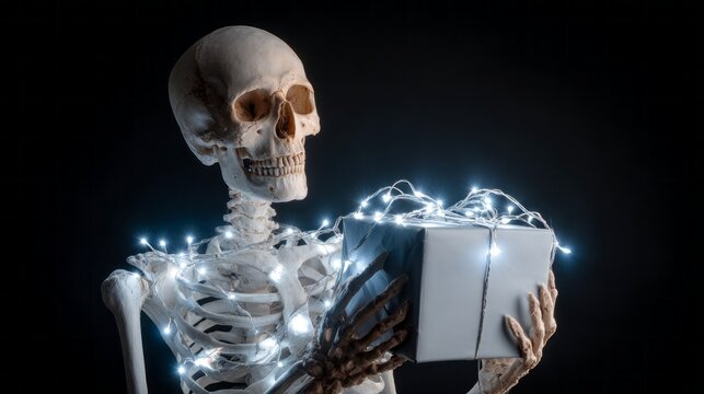 A skeleton stands against a dark backdrop, wrapped in twinkling fairy lights. It holds a beautifully wrapped gift, radiating a sense of playful festivity and cheerfulness