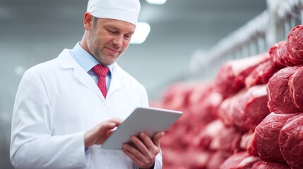 A quality control expert reviews data on a tablet surrounded by organized meat storage. The inspection takes place in a modern facility where safety and freshness are prioritized