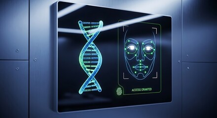 Biometric face scan grants access with DNA verification in a secure futuristic environment, ideal for cybersecurity or advanced technology concepts