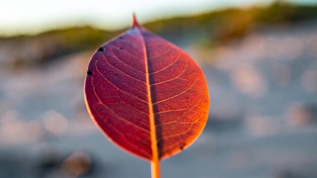 Close-up of a vibrant red leaf with intricate veins and a golden stem against a blurred backdrop