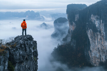 Adventurer gazes over misty karst peaks from a rugged cliff edge.
