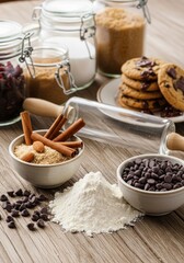Cookie making ingredients arranged on a wooden table. Cinnamon, chocolate and chips, cookie making ingredients