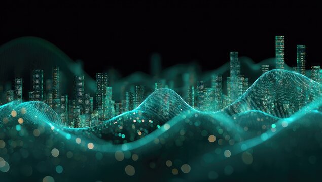 Teal digital cityscape undulating on dark waves, shimmering with light, suggesting data or technology