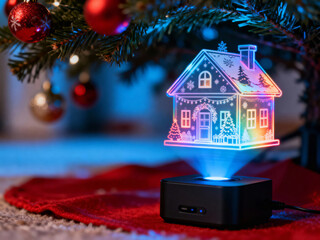 Holographic Christmas house under Christmas tree. Text space.
